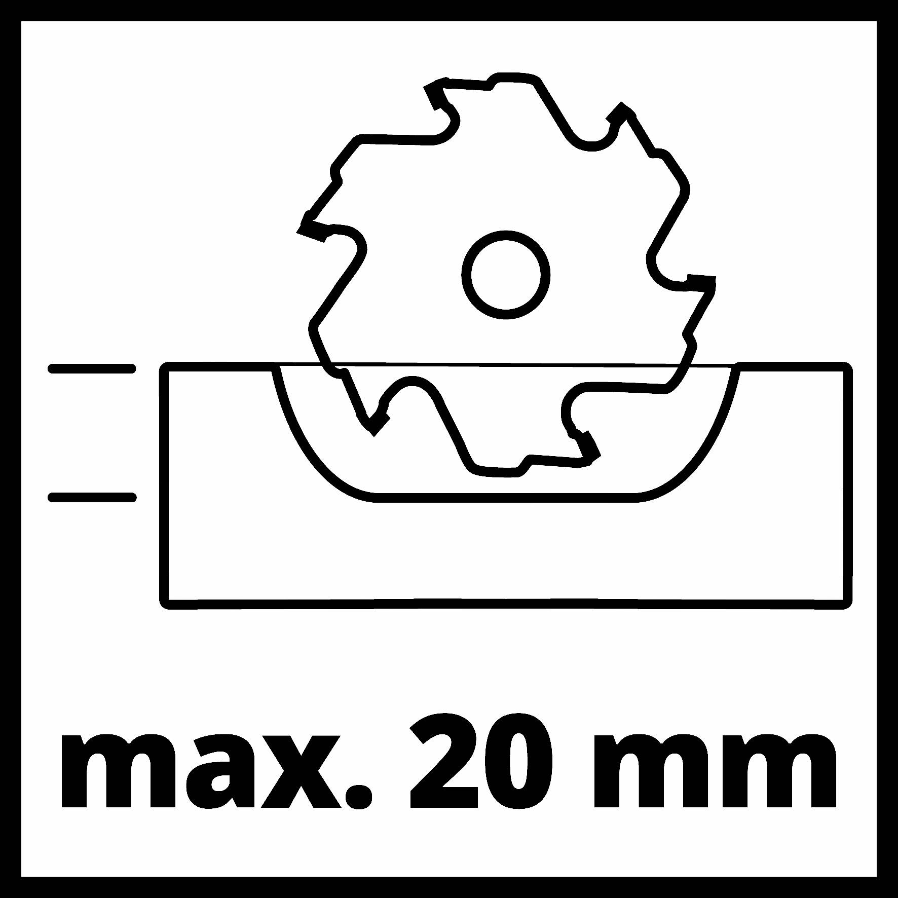 'max. 20 mm' – Symbol ozubeného kola v U-tvarovém držáku s šipkami.