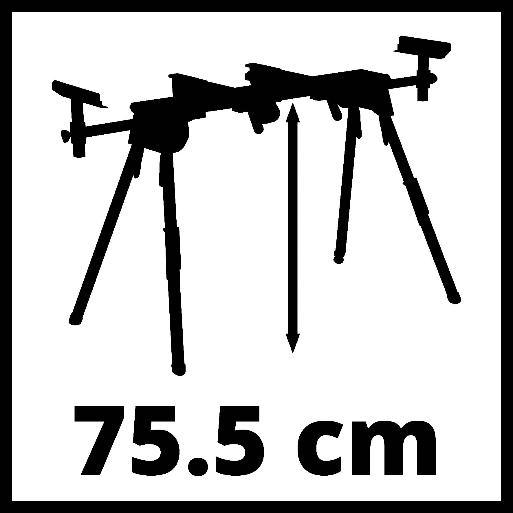Výška stativu: 75,5 cm. Silueta výsuvného stativu s nastavitelnou výškou, znázorněná šipkou.