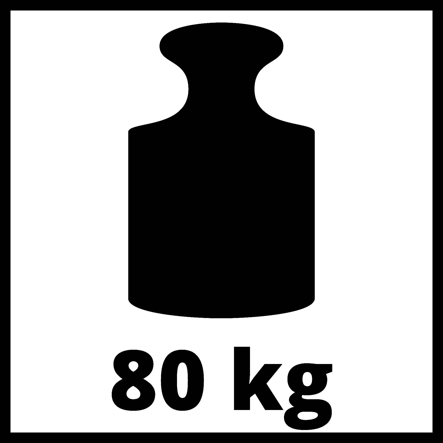 Černý symbol hmotnosti s nápisem 80 kg pod ním.