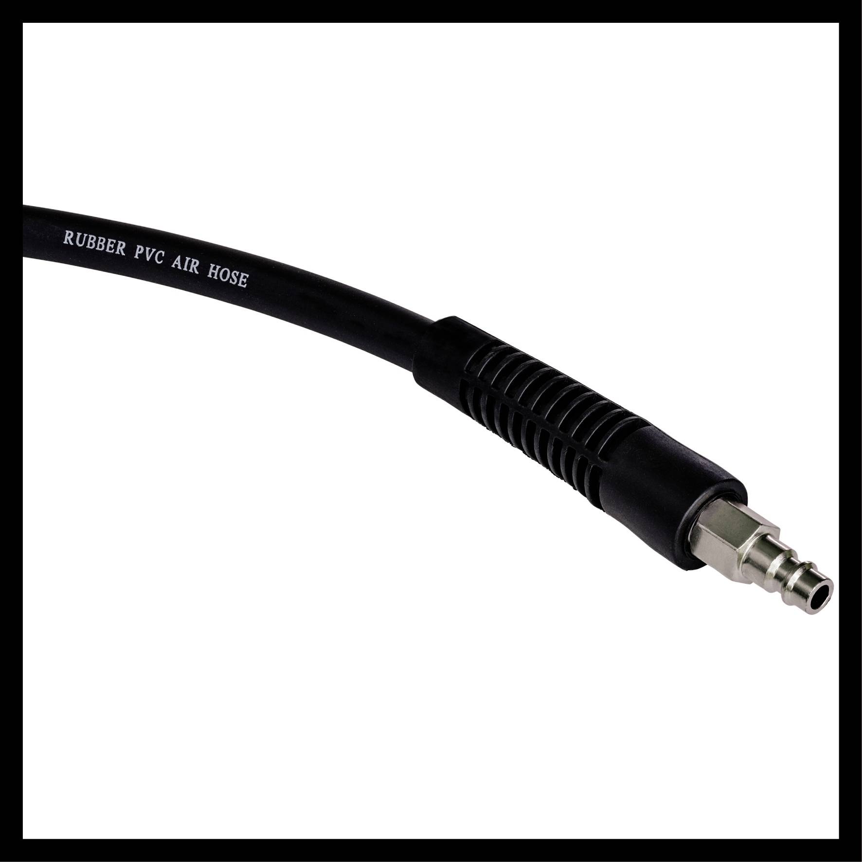 Černá gumová vzduchová hadice s kovovým připojením, označená jako 'Rubber PVC Air Hose', detailní detailní záběr.