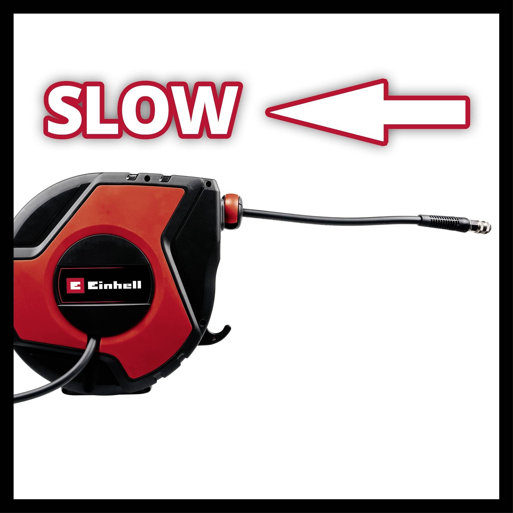 Prodlužovací kabel Einhell s textem 'SLOW' a velkým šipkou doleva.