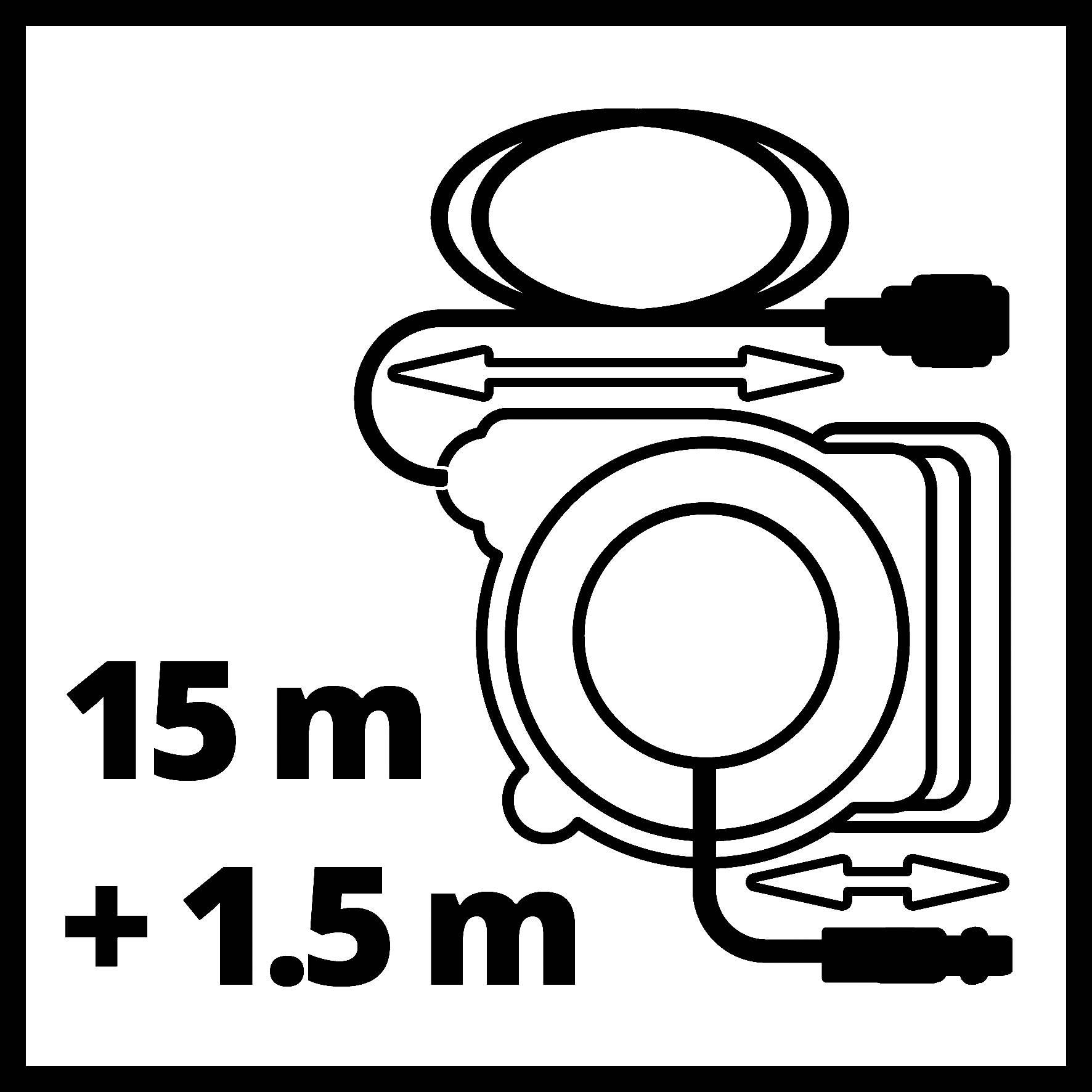 Černobílý piktogram kabelu. Popisuje délku: '15 m + 1,5 m'. Znázorňuje vinutí kabelu a zástrčku.