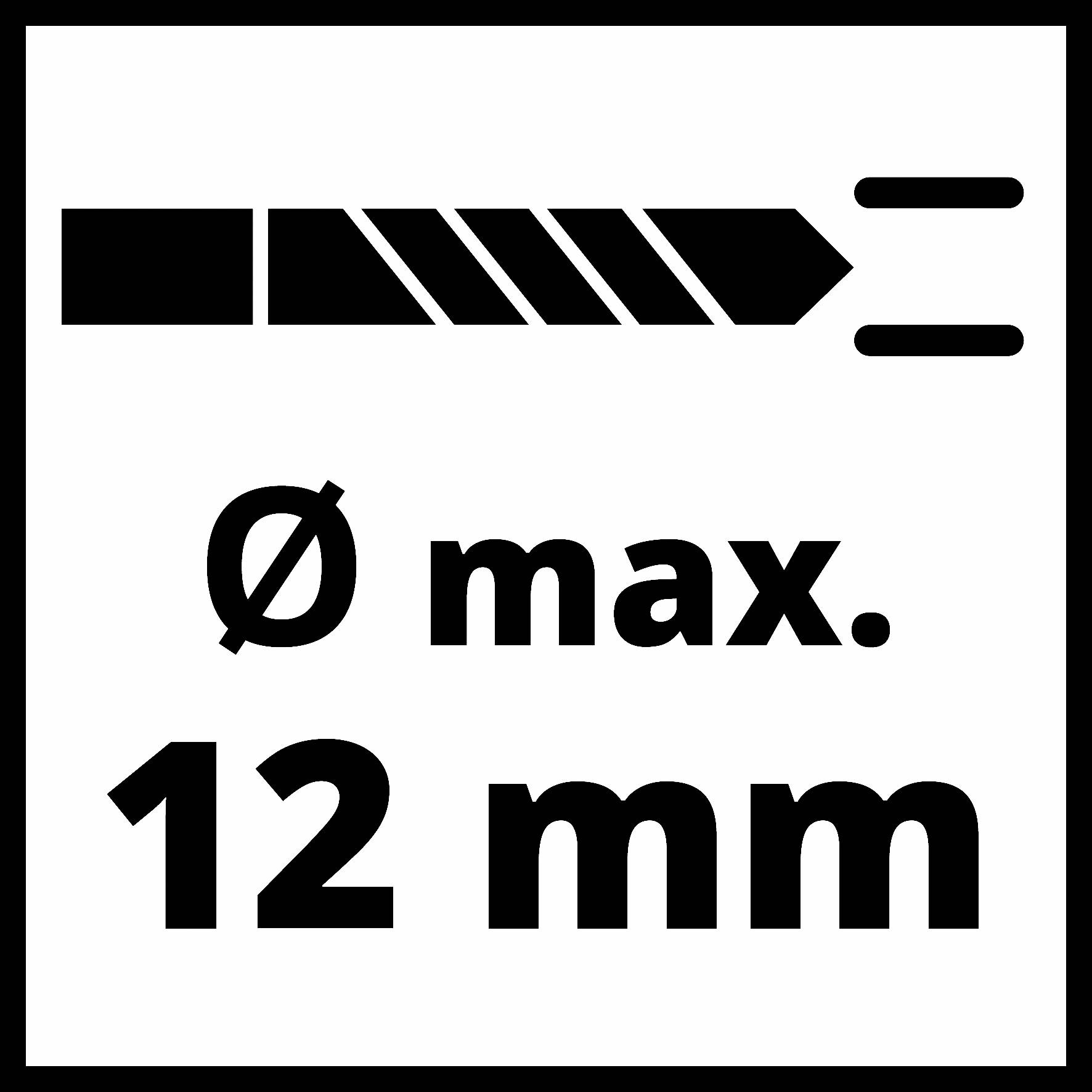 Průměr vrtání ø max. 12 mm stojí vedle stylizované vrtací špičky. Znak varuje před překročením maximálně povoleného průměru.