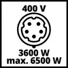 Symbol zásuvky s označením 400 V, 3600 W, max. 6500 W.