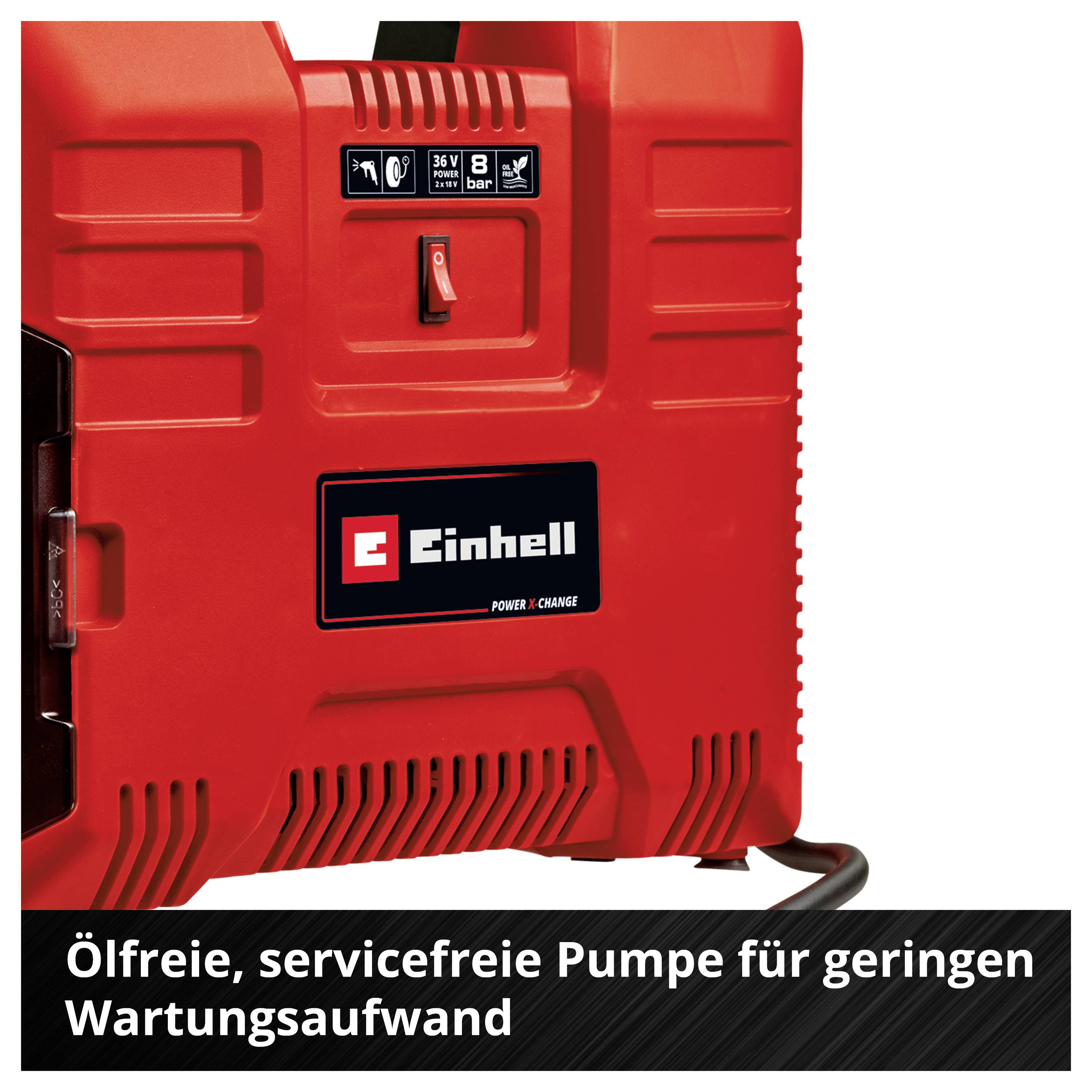 Červená pumpa Einhell s nápisem "Bezejlovaná, bezúdržbová pumpa pro minimální údržbu" na černém pruhu.