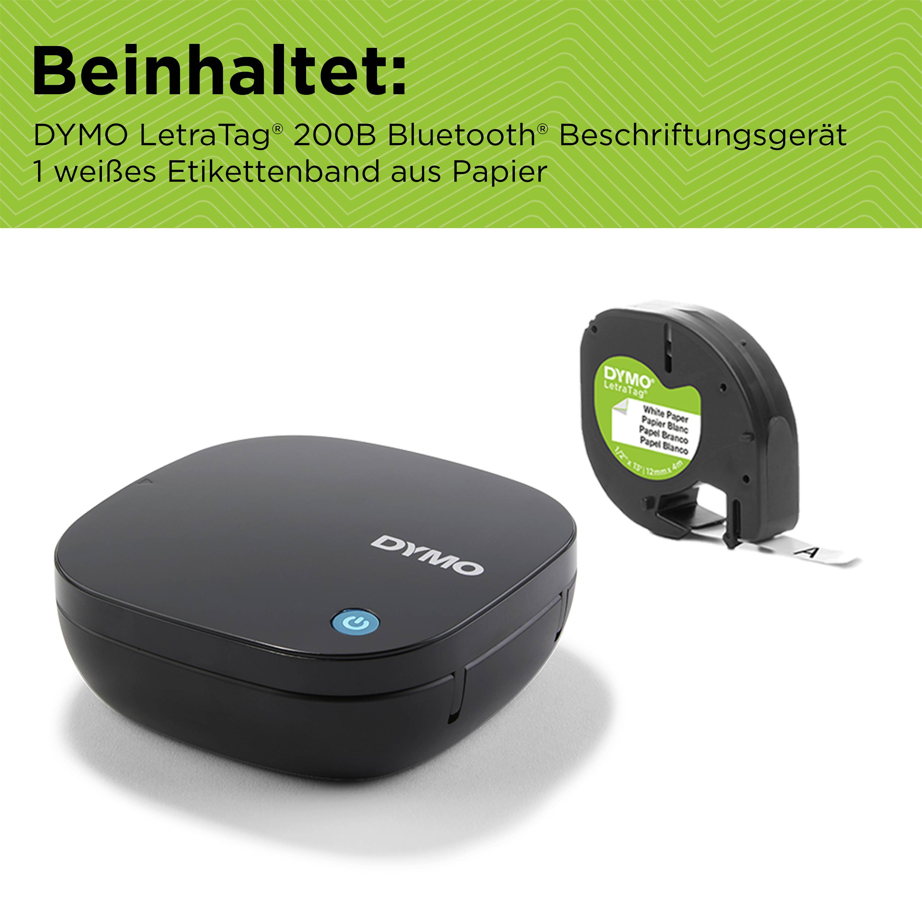 Obsahuje: DYMO LetraTag 200B Bluetooth štítkovač a 1 bílou papírovou pásku štítků.