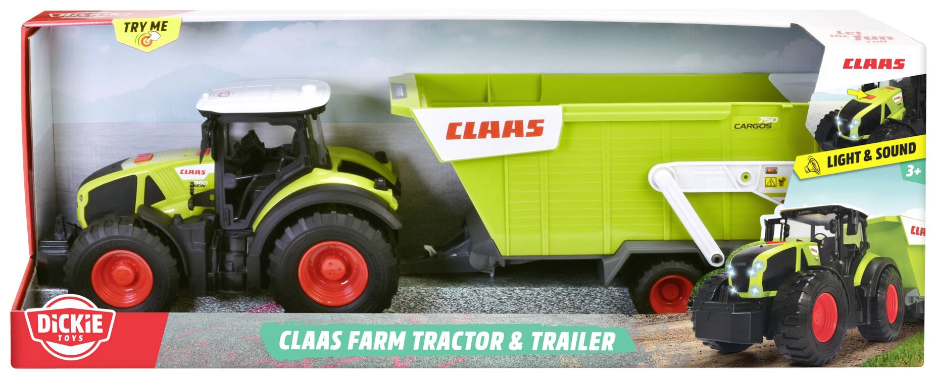 Sada hračkářského traktoru 'Claas Farm Tractor & Trailer' v obalu. Obsahuje traktor a přívěs se světelnými a zvukovými efekty, vhodné pro děti od 3 let.