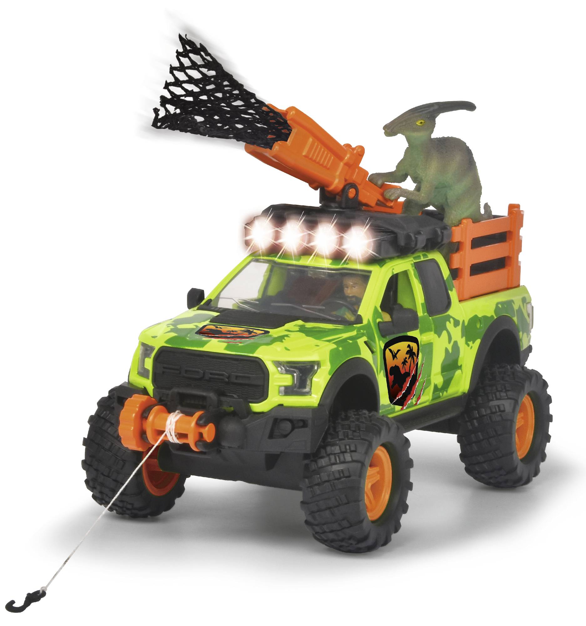 Zelené hračkové auto s velkými koly veze dinosauří figurku na nákladové ploše. Na střeše je namontováno síťové vrhací zařízení.
