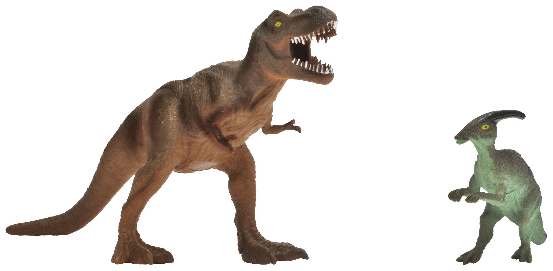 Velký hnědý Tyrannosaurus Rex stojí naproti menšímu zelenému dinosaurovi, oba mají otevřenou tlamu, před bílým pozadím.