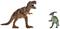 Velký hnědý Tyrannosaurus Rex stojí naproti menšímu zelenému dinosaurovi, oba mají otevřenou tlamu, před bílým pozadím.