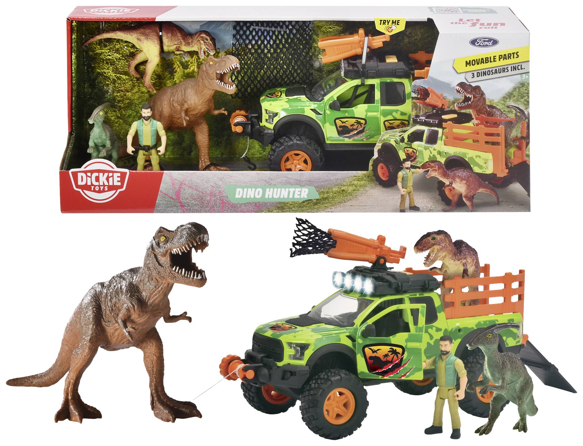 Herní sada 'Lovec dinosaurů' se zeleným off-road vozidlem, třemi dinosaury a dvěma figurkami. Balení prezentuje obsah pomocí akčních scén.