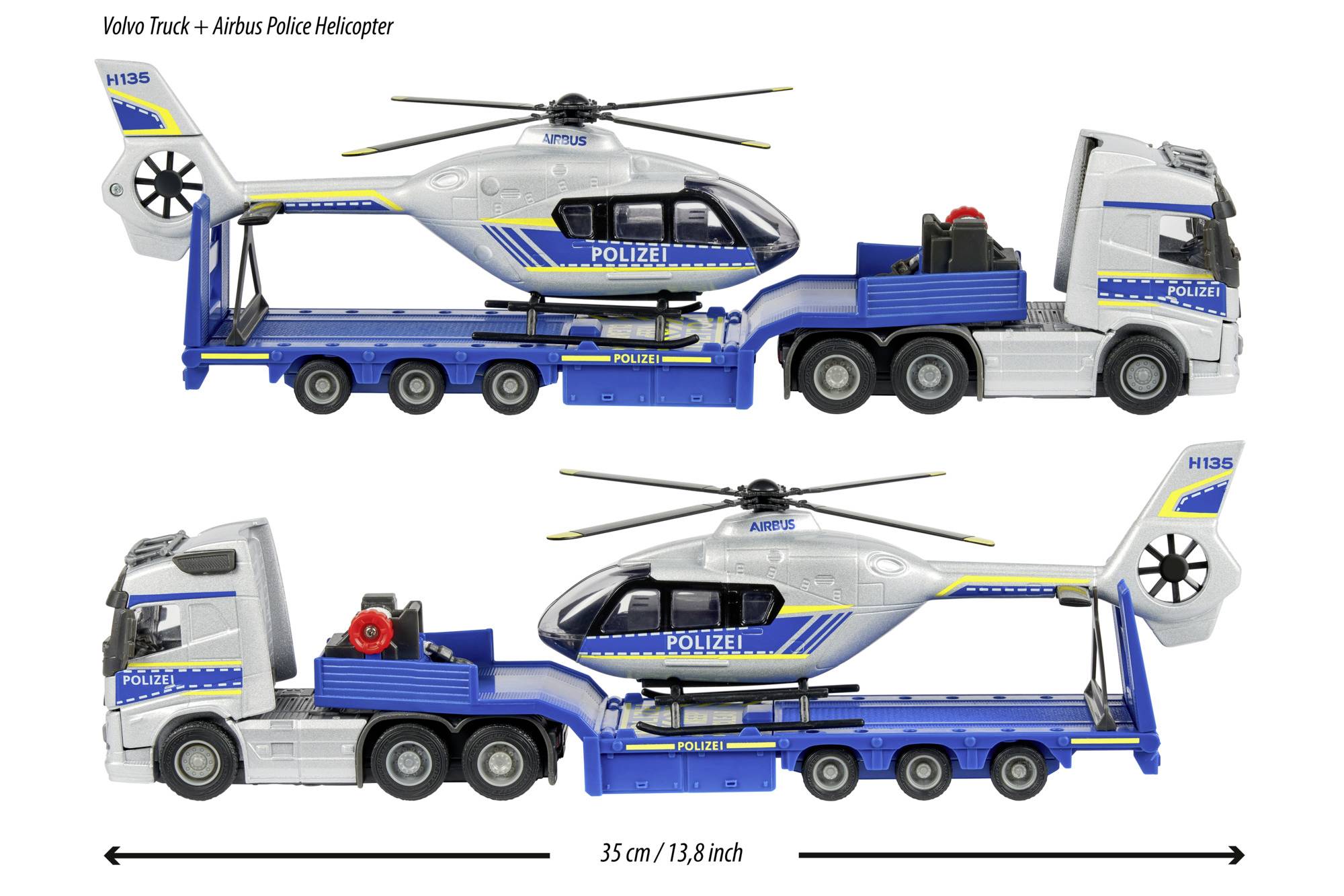 Hračkářský policejní vrtulník a model nákladního vozu. Vrtulník naložený na plošině nákladního vozu. Celková délka: 35 cm. Policejní design.