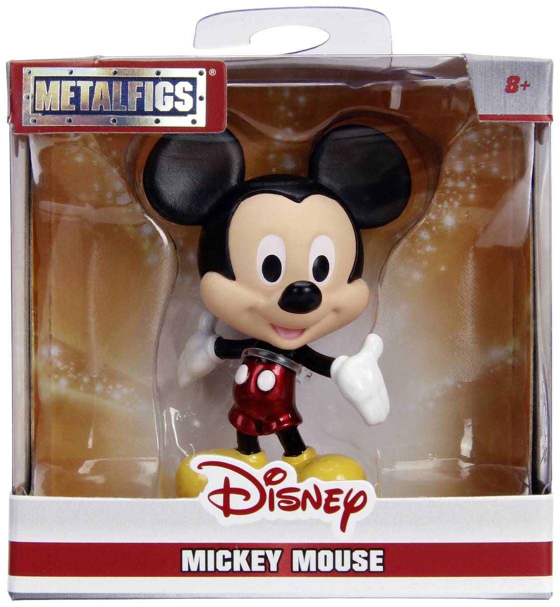 Zabalená miniaturní figurka Mickey Mouse od Metalfigs. Krabička zobrazuje logo Disney a je vhodná pro děti od 8 let.