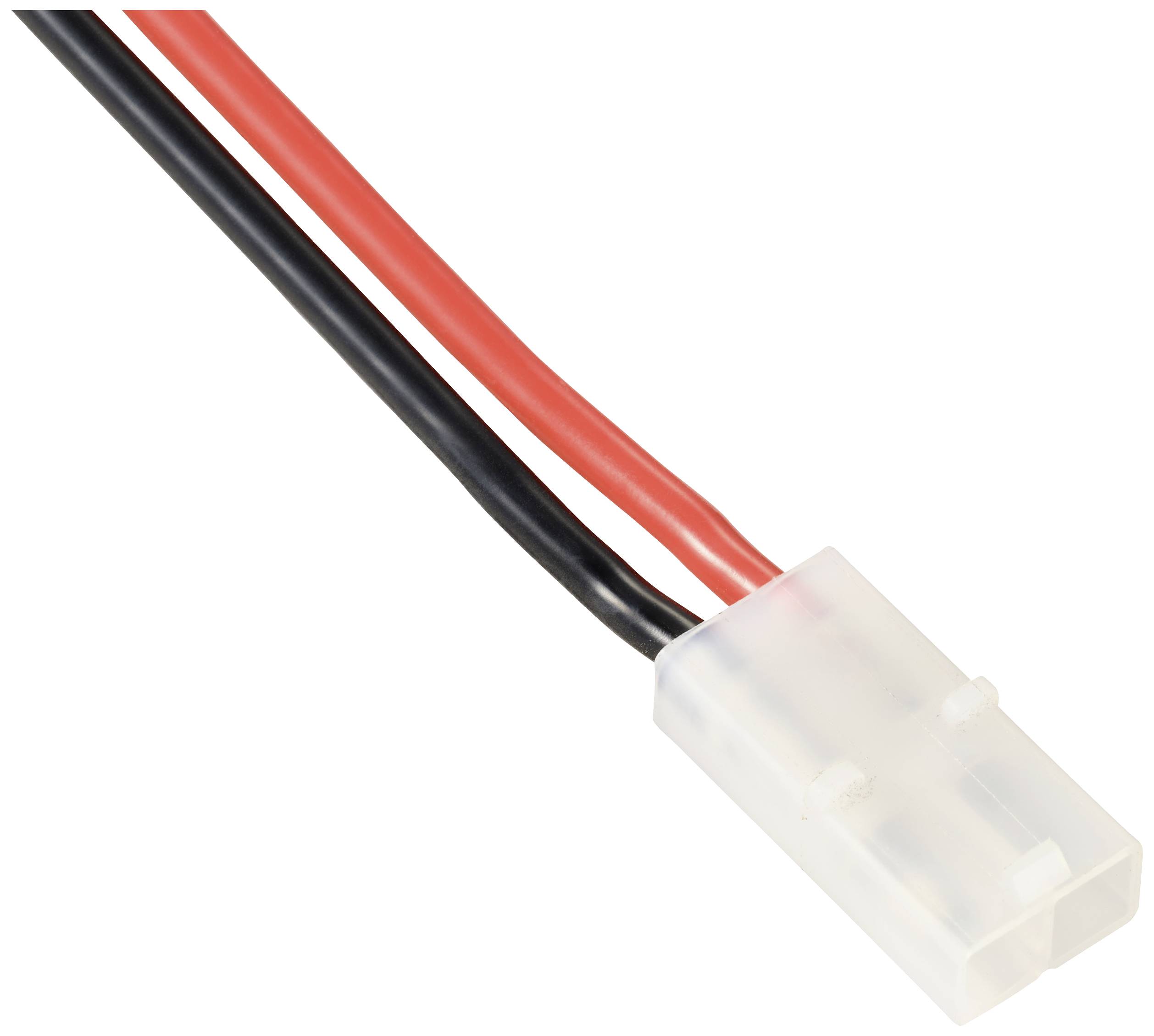 Bílý plastový konektor se dvěma otvory, ke kterému jsou připojena červený a černý kabel.