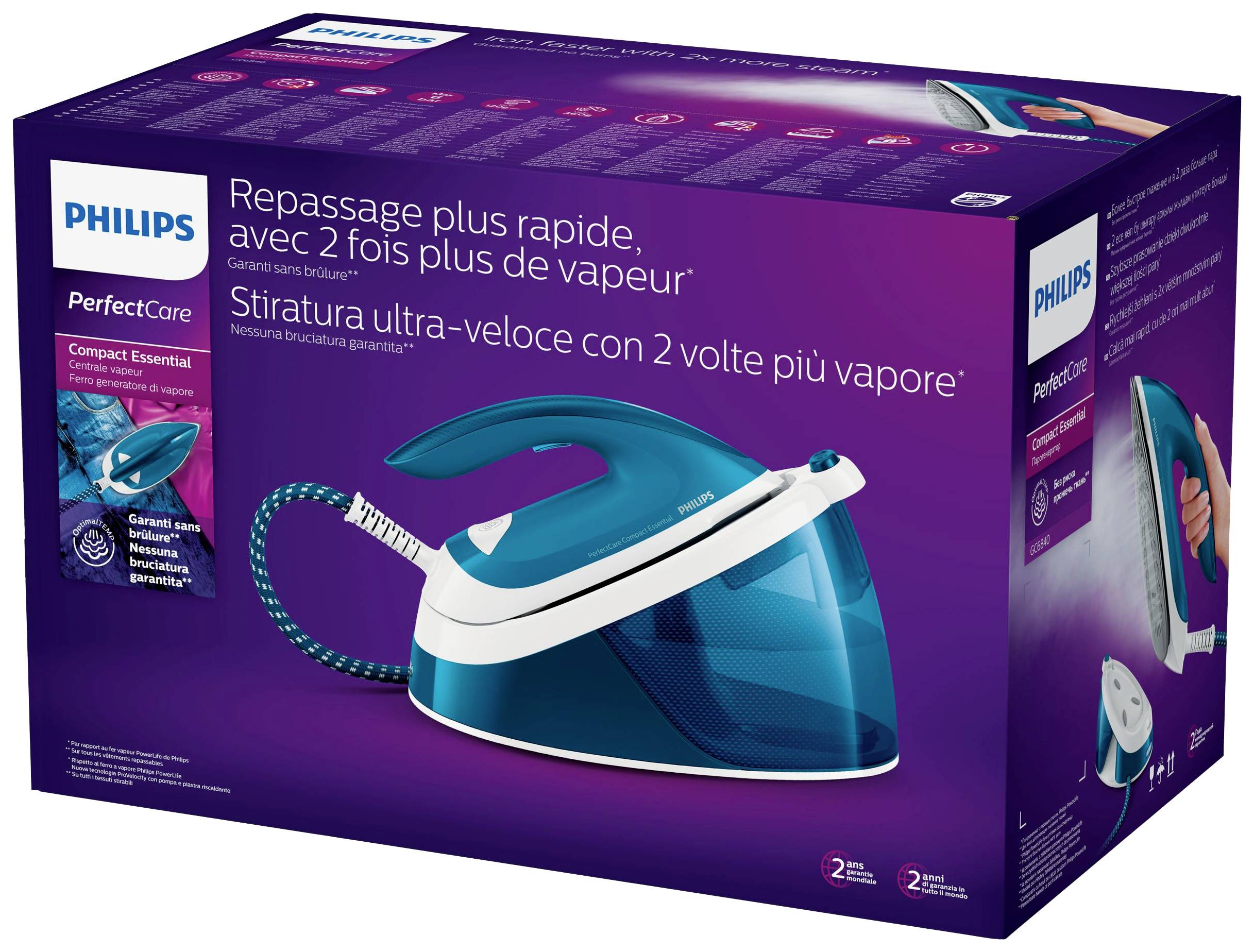 Parní žehlička Philips v originálním balení. Krabice je fialová a ukazuje žehličku v modré barvě s rukojetí.