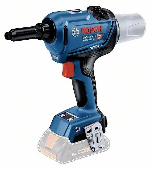 Bezdrátové nůžky na šrouby Bosch, model 'Professional GNA 18V-16', s ergonomickou rukojetí a místem pro akumulátor na spodní straně.