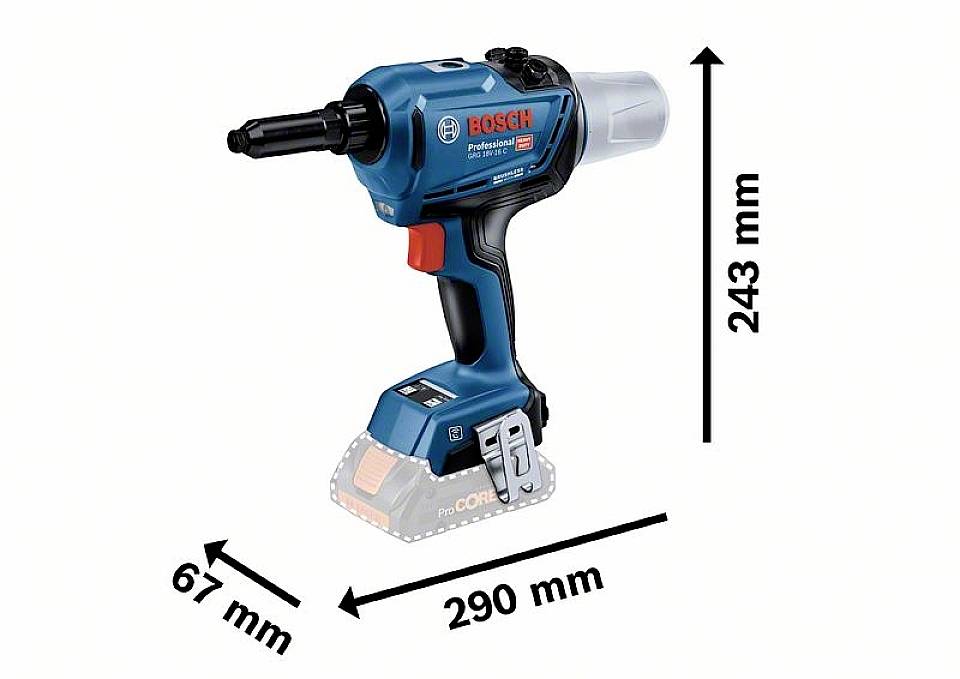 Akumulátorový rázový utahovák s ergonomickým designem a technickými specifikacemi: délka 290 mm, výška 243 mm, šířka 67 mm.