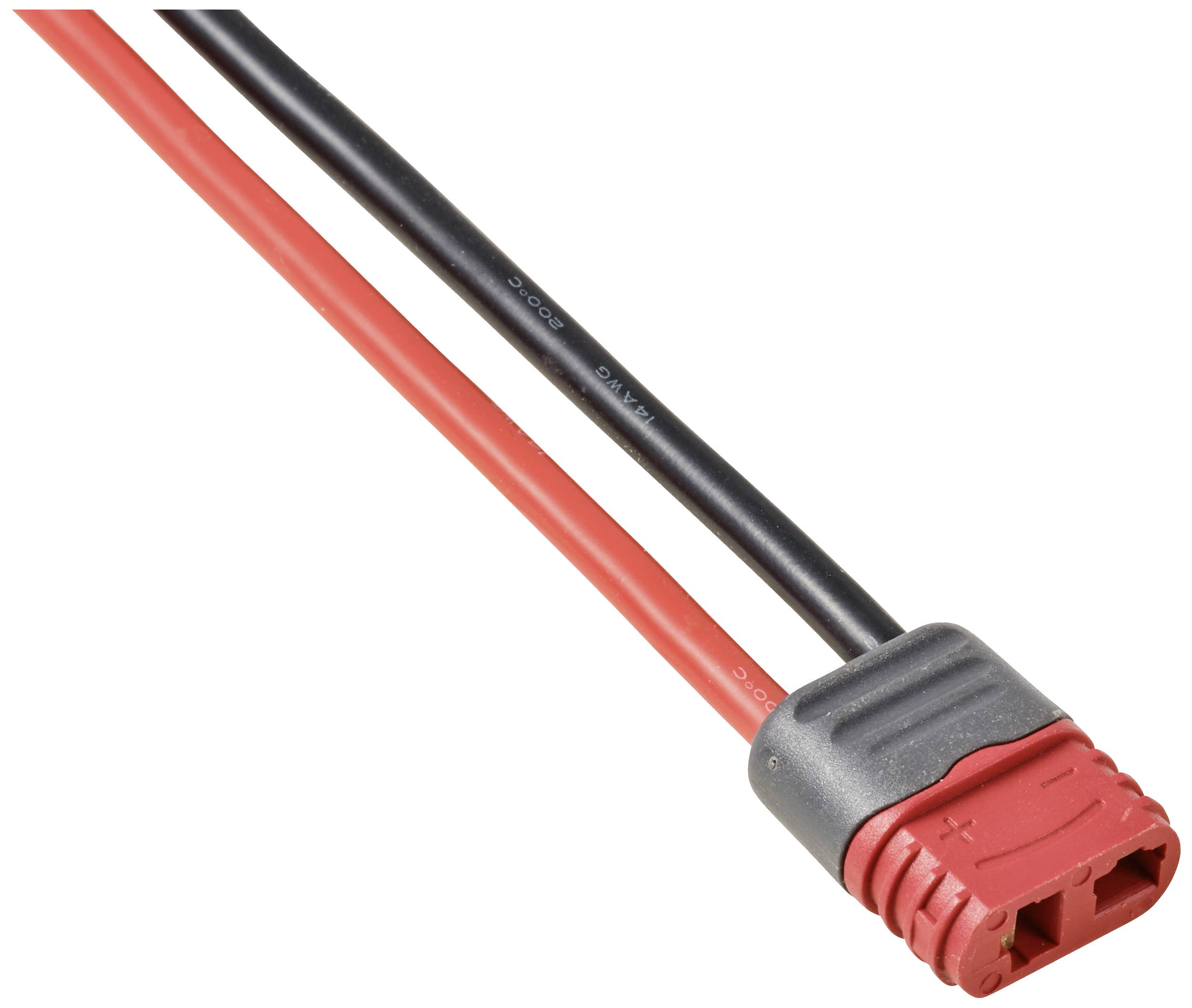 Červeno-černý elektrický kabel s šedým obdélníkovým konektorem ukazuje stranu, na které jsou kabely do konektoru zaváděny.