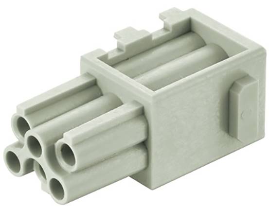 Šedý, obdélníkový plastový konektor s několika kulatými kontakty a zajišťovacím mechanismem na straně.
