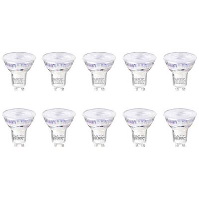 Deset LED žárovek s paticí GU10, uspořádaných do dvou řad. Každá žárovka je průhledná a odhaluje viditelné vnitřní komponenty.