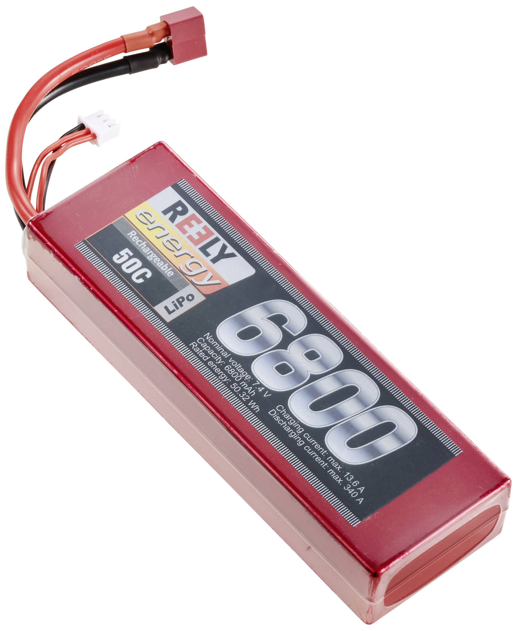 Červený lithium-polymerový akumulátor značky Reely s kapacitou 6800 mAh a vybíjecí rychlostí 50C je vhodný pro modelářství.