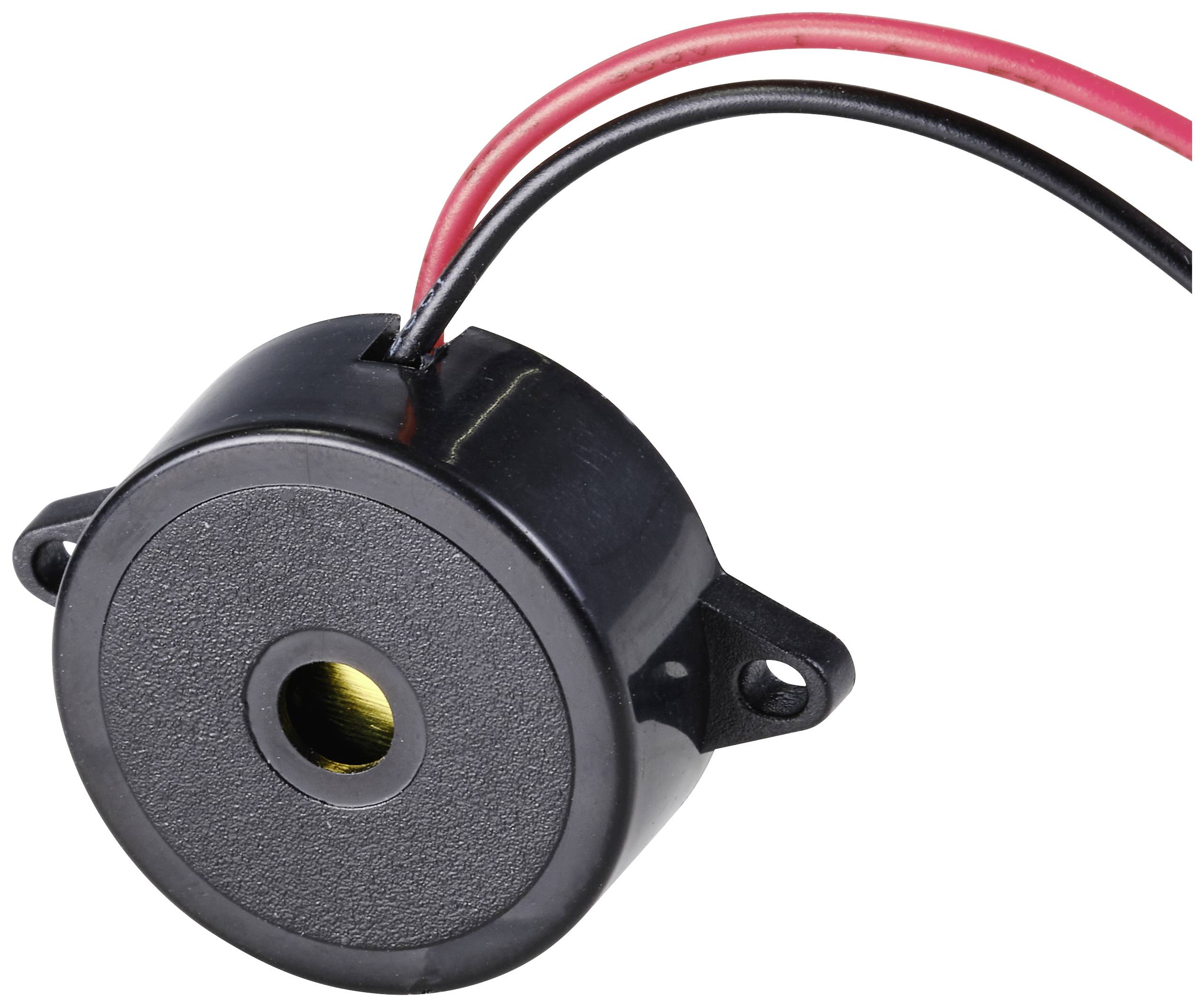Kruhový piezoelektrický bzučák se dvěma připojenými vodiči, jeden červený a jeden černý. Vhodný pro použití v elektronických zařízeních.