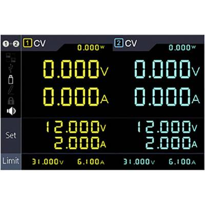 Elektronický displej zobrazuje napěťové a proudové hodnoty ve voltech a ampérech pro dva kanály: 12,000 V/2,000 A a 31,000 V/6,100 A.