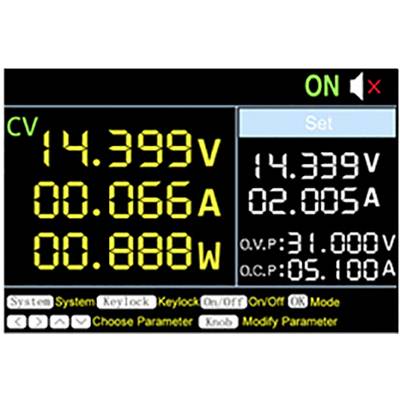 Obrázek digitálního řídicího panelu s indikací napětí a proudu. Zobrazuje 14,399 V, 00,066 A, 00,888 W a nastavené hodnoty 14,339 V, 02,005 A.