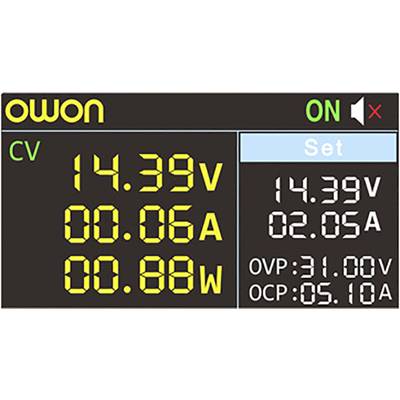 Obrázek ukazuje digitální displej elektronického zařízení s hodnotami: 14,39V, 0,06A, 0,88W. Displej je nastaven na 'Set'.