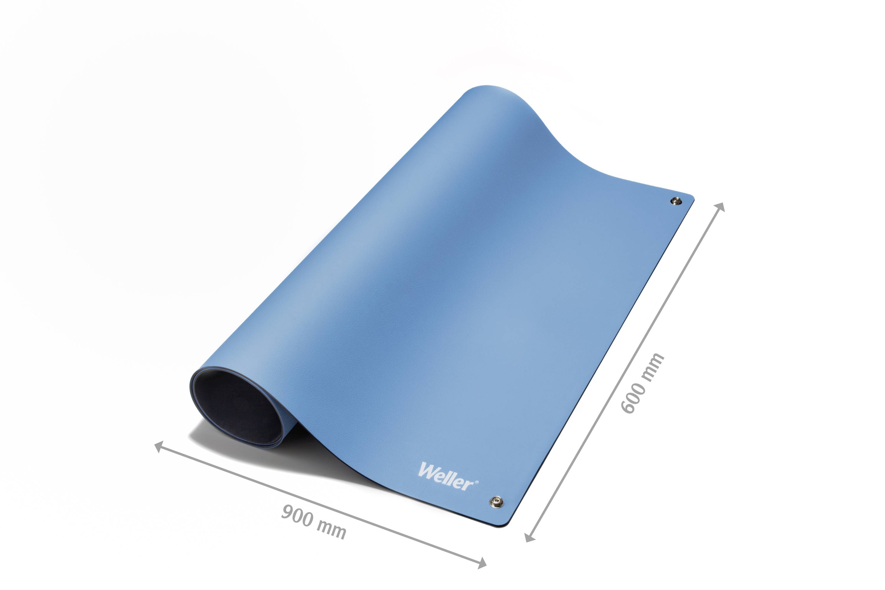 Modrá svinutá podložka značky 'Weller' s rozměry 900 mm x 600 mm a kovovými destičkami v rozích.