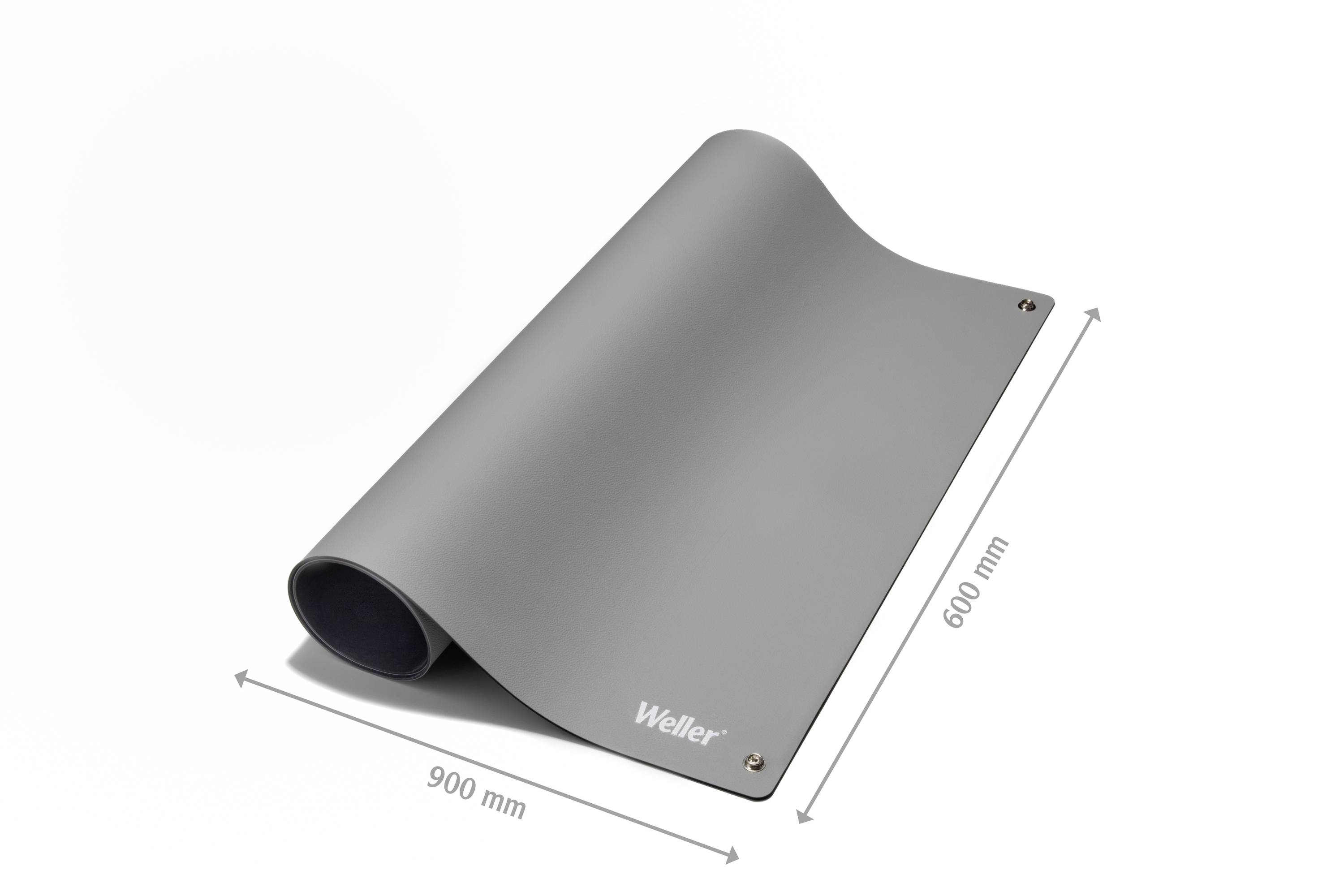 Šedá svařovací podložka Weller s rozměry 900 mm x 600 mm, lehce srolovaná v rohu, na bílém pozadí.