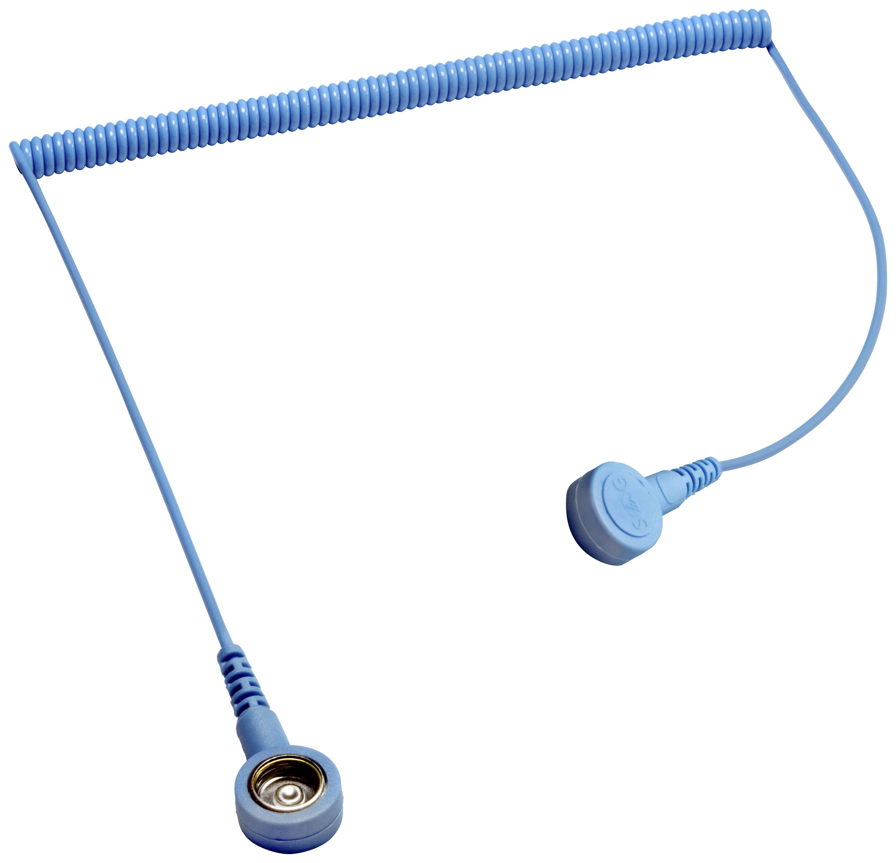 Modrý spirálovitý elektrický kabel se dvěma kulatými konektory na každém konci, používaný pro lékařské přístroje.