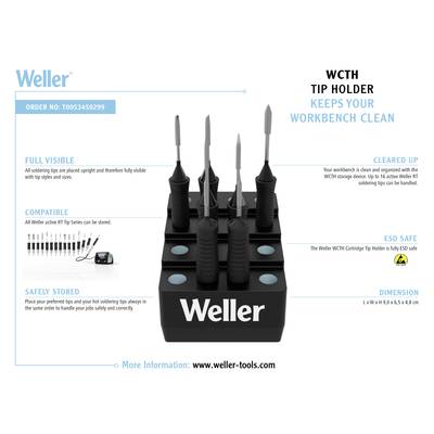 Držák pájecích hrotů Weller pro uspořádaný pracovní prostor. Zobrazuje pájecí hroty na držáku. Produktové informace a odkaz pro nákup.