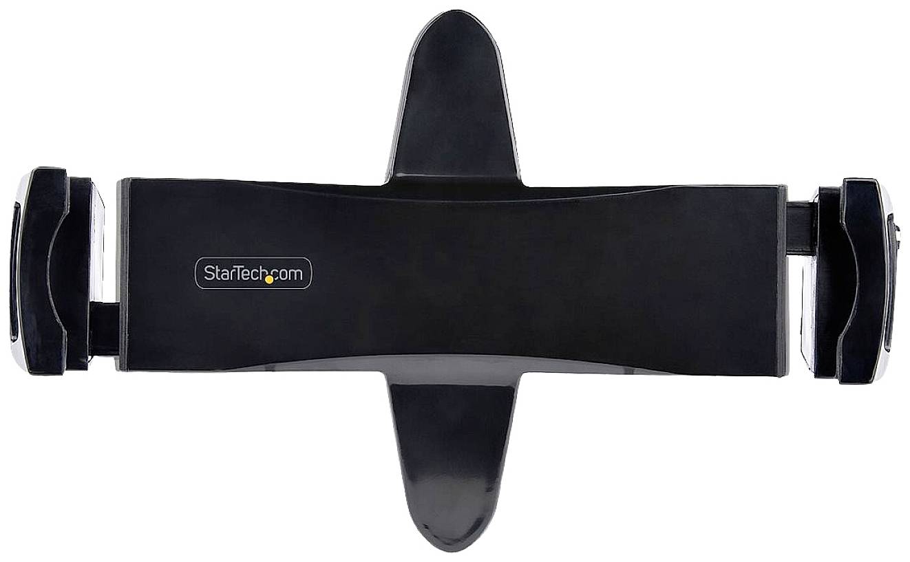 Černý držák StarTech.com pro smartphone nebo tablet, vhodný pro upevnění na opěrku hlavy v automobilu, pohled zepředu.
