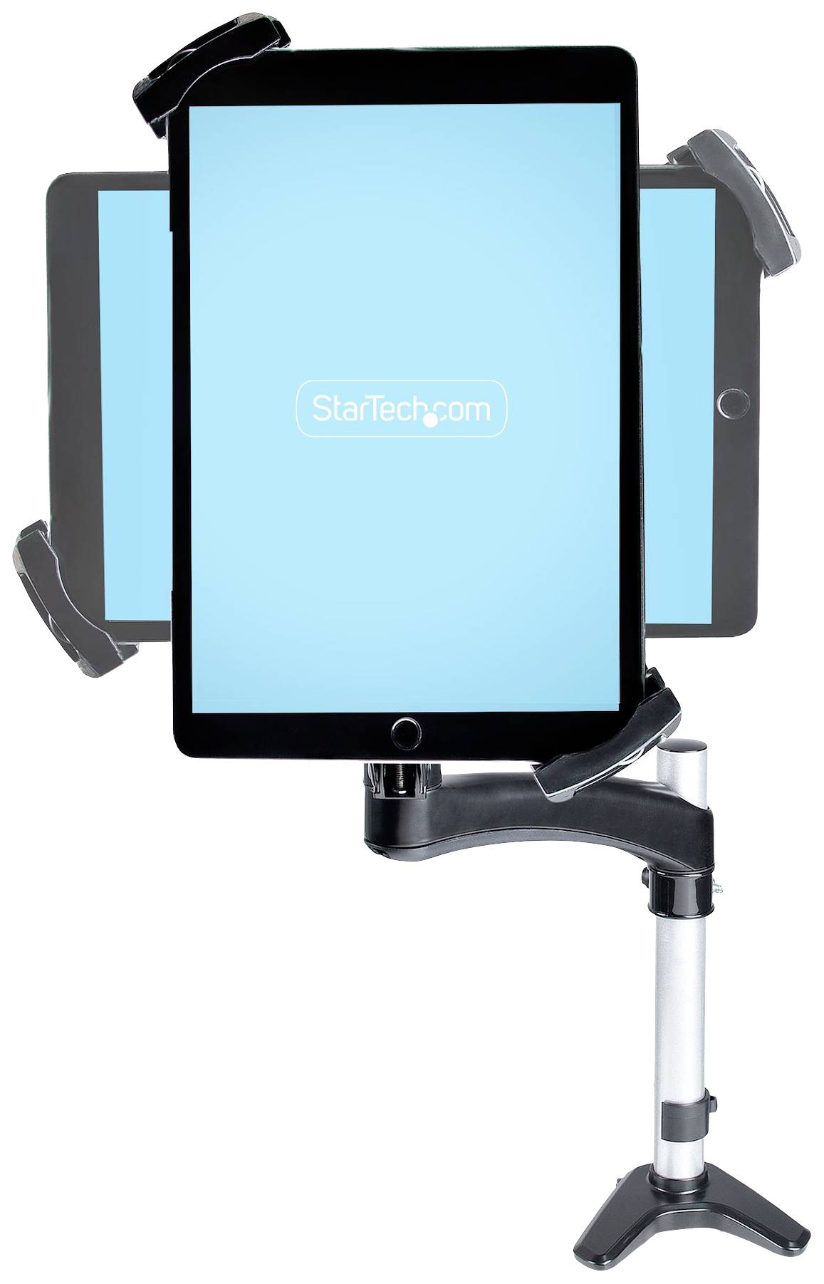 Držák tabletu s nastavitelným ramenem a otočným uchycením, který umožňuje umístit tablet svisle nebo vodorovně.