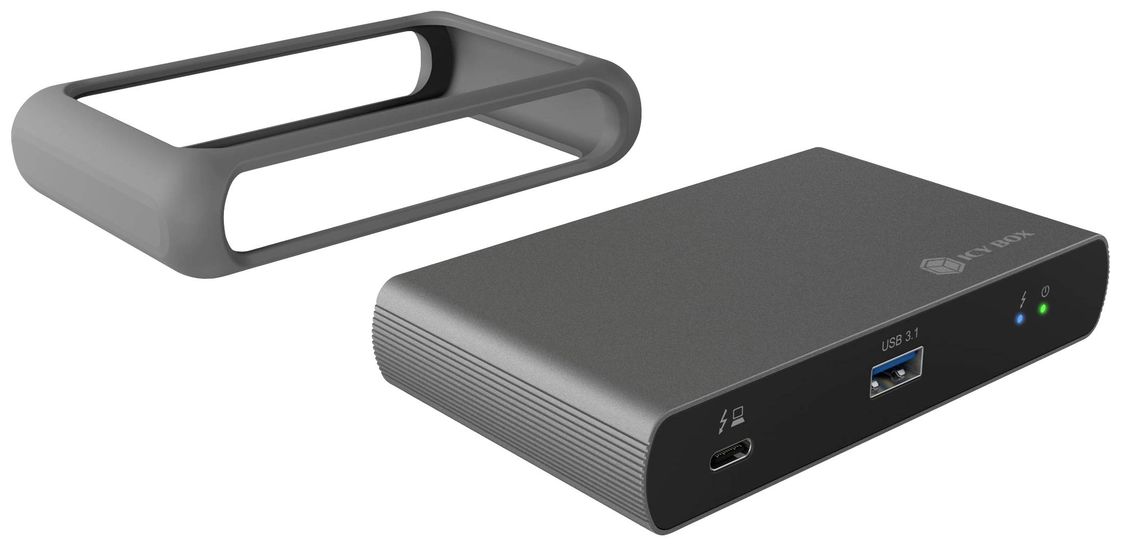 Externí box na pevný disk s USB-C a USB-A konektory, černý hliníkový design, odnímatelný rámeček vedle.