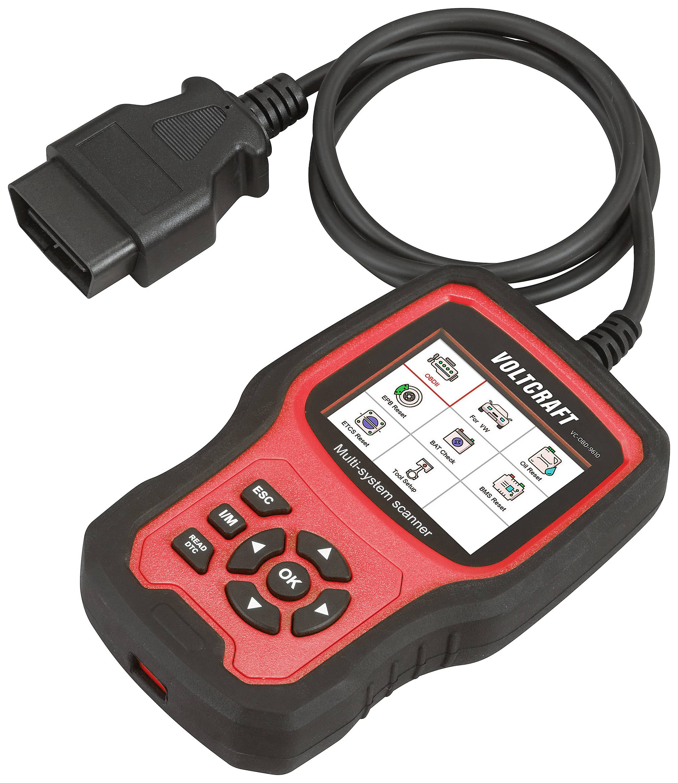 Červený automobilový diagnostický scanner s displejem zobrazujícím nápis 'Voltcraft'. Zařízení má navigační tlačítka a je připojeno diagnostickým OBD kabelem.