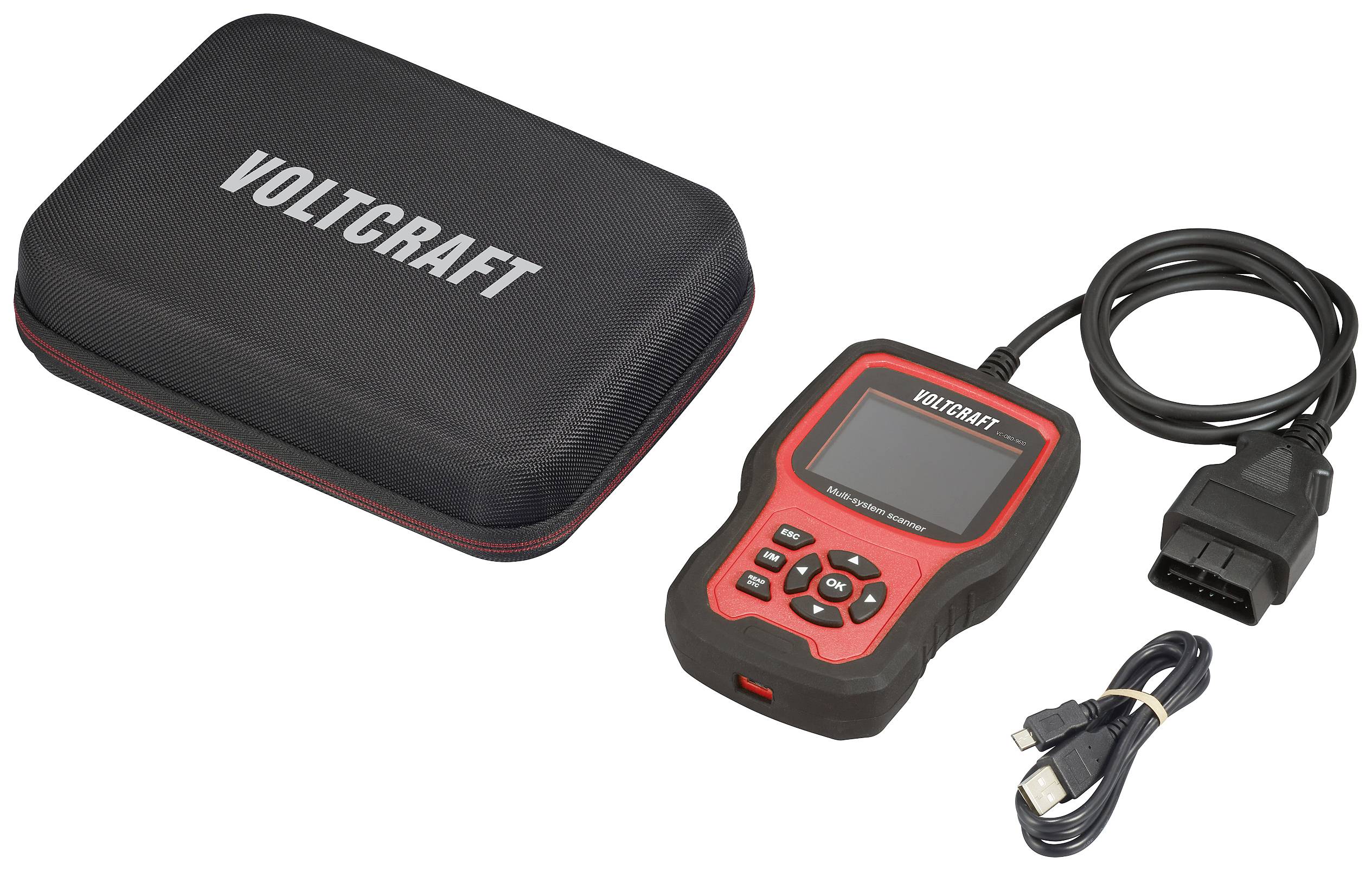 Diagnostické zařízení OBD-II značky VOLTCRAFT s kabely a přepravní taškou. Používá se pro diagnostiku vozidel.