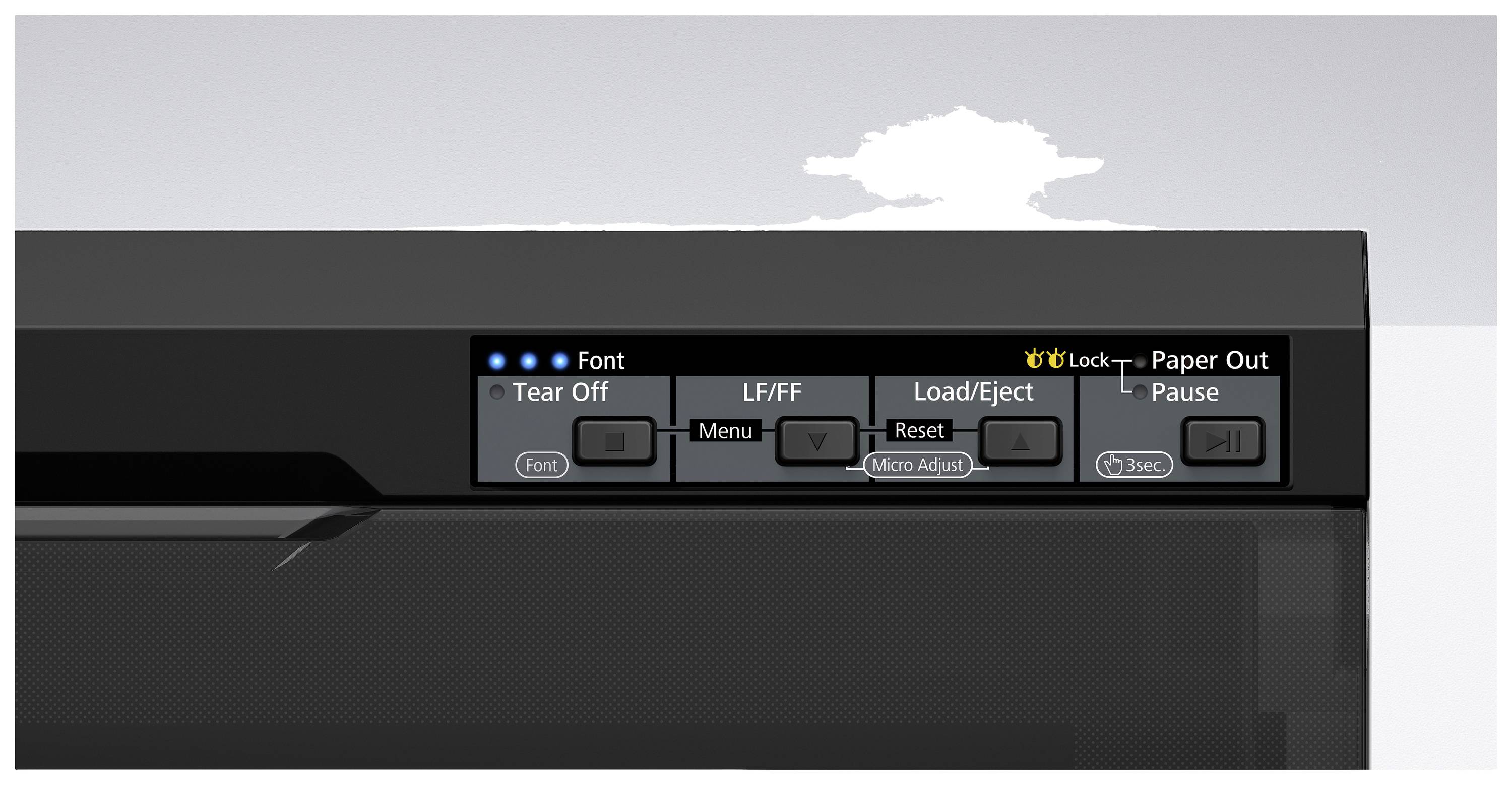 Přední strana elektronického zařízení s několika tlačítky: 'Font', 'Vytrhnutí', 'Menu', 'Načíst/Vysunout', 'Pauza', 'LF/FF' a 'Reset'.