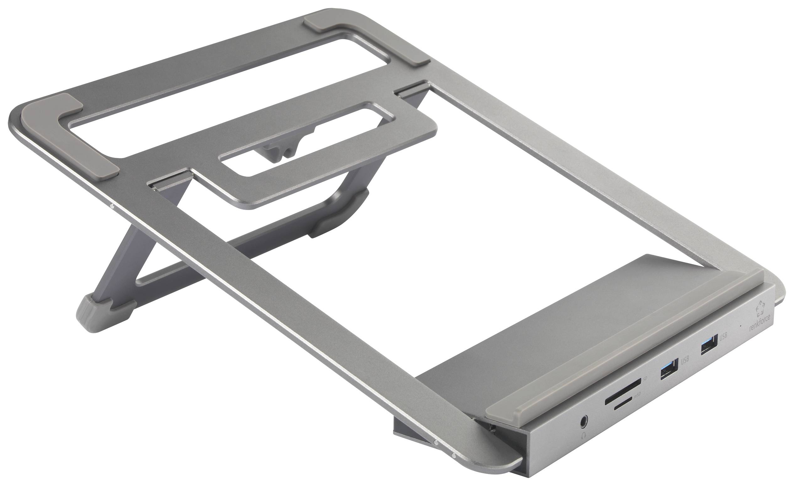 Skládací ergonomický stojan na notebook z kovu s několika výškovými polohami a USB porty na přední straně.