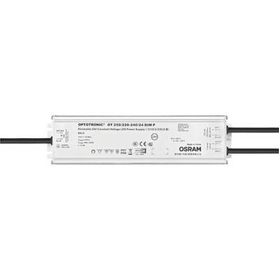 Napájecí zdroj: OSRAM OPTOTRONIC GT 250/220-240/24 DIM P pro LED osvětlení. Obdélníkové pouzdro s kabely na obou koncích.