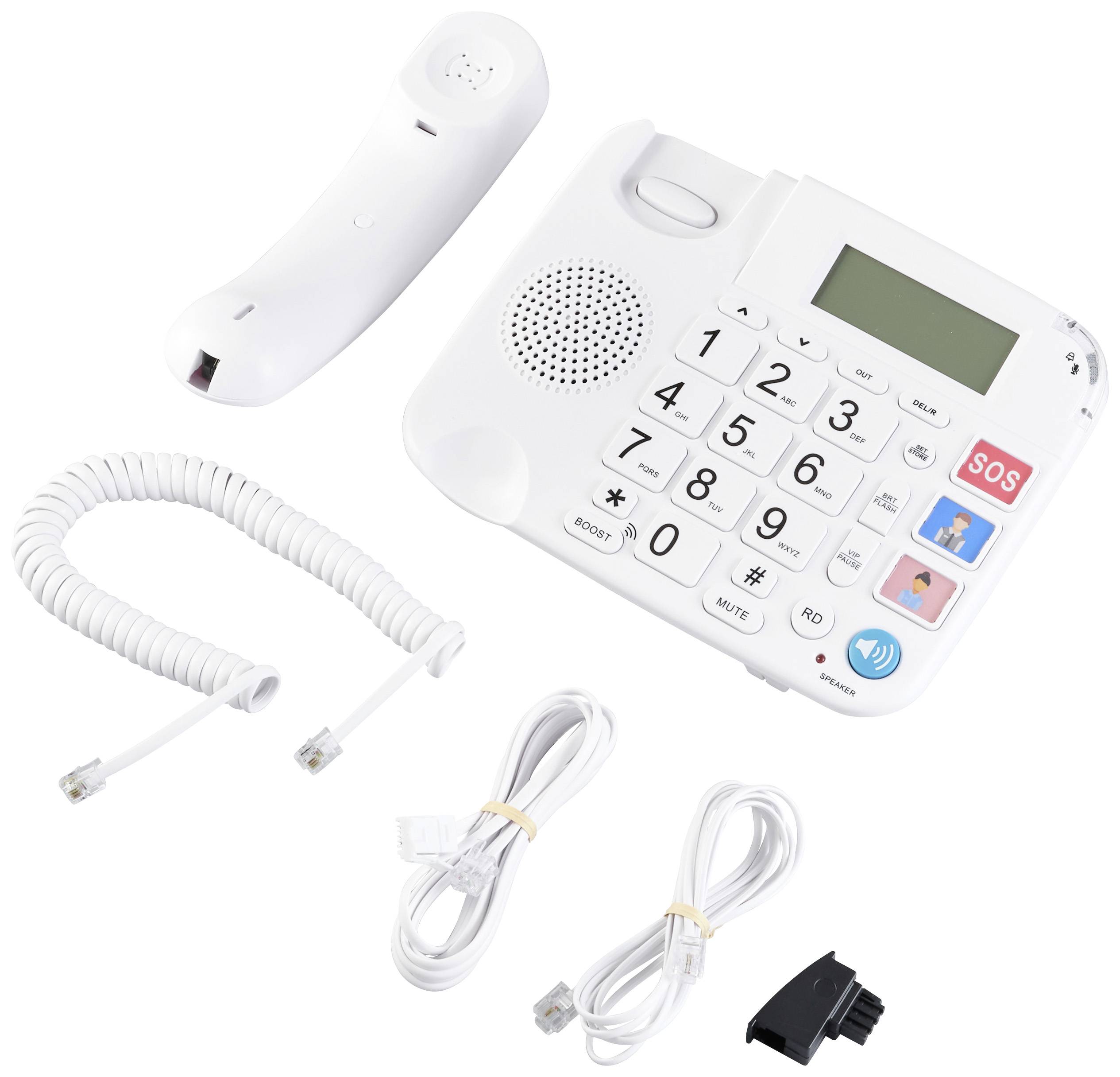Stolní telefon s velkými tlačítky, SOS tlačítkem a příslušenstvím, včetně sluchátka, kabelu a síťové zástrčky. Ideální pro seniory.
