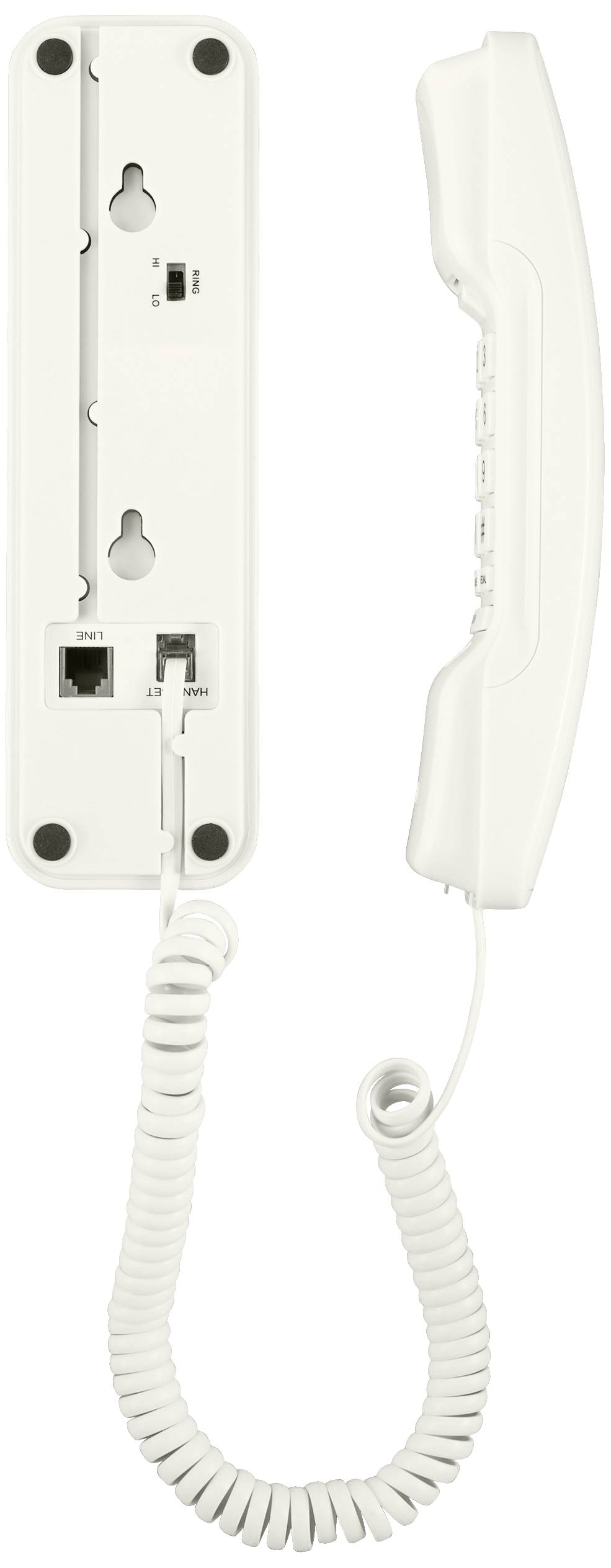 Bílý telefon se sluchátkem, připojený spirálovým kabelem, ukazuje zadní stranu s telefonními přípojkami a možnostmi nástěnné montáže.