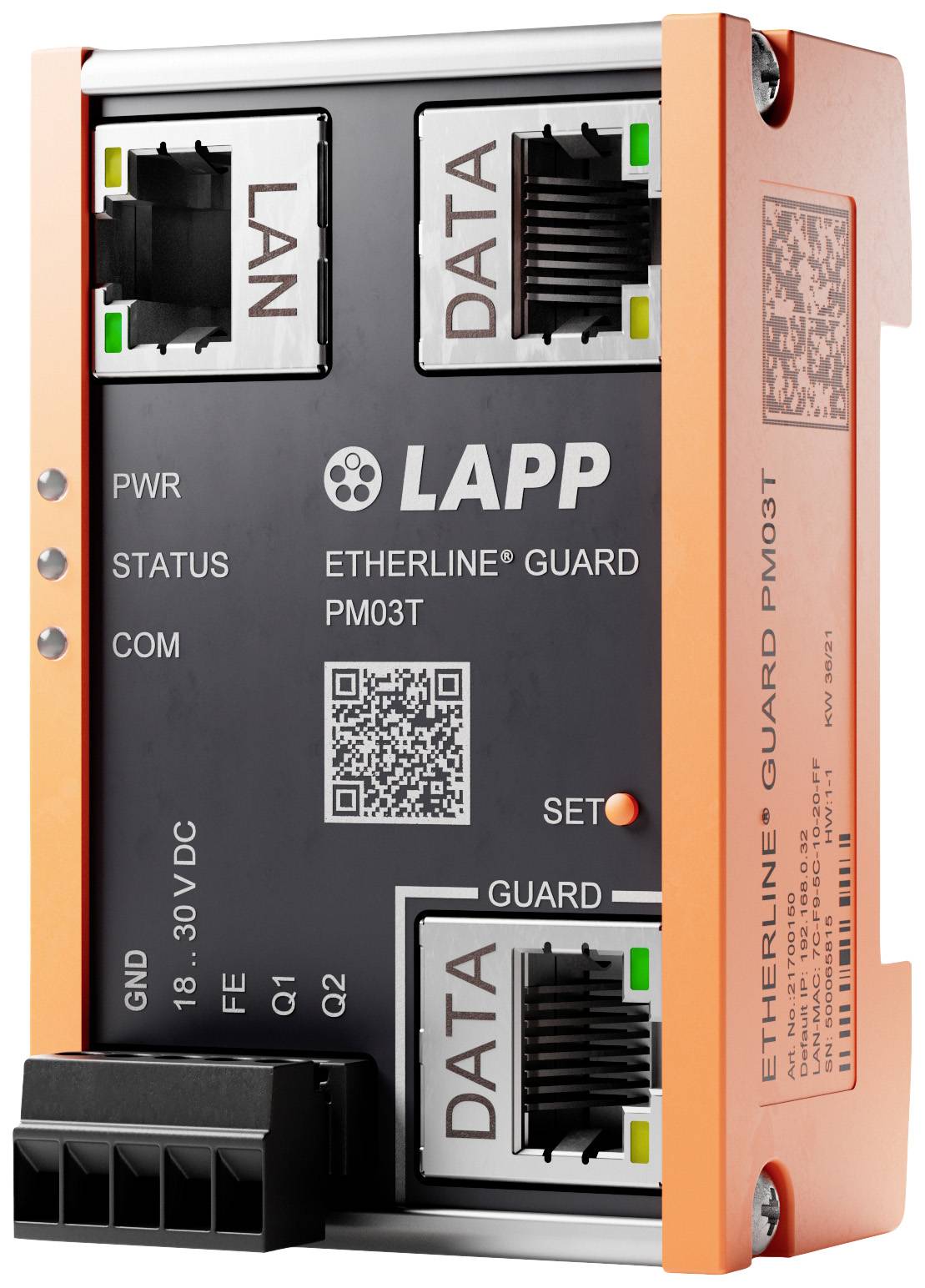 Průmyslový router s LAN a datovými přípojkami, QR kódem a nápisem 'LAPP ETHERLINE GUARD PM03T', v oranžerno-černém provedení.