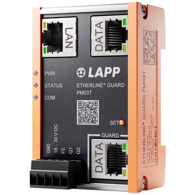 Průmyslový router s LAN a datovými přípojkami, QR kódem a nápisem 'LAPP ETHERLINE GUARD PM03T', v oranžerno-černém provedení.