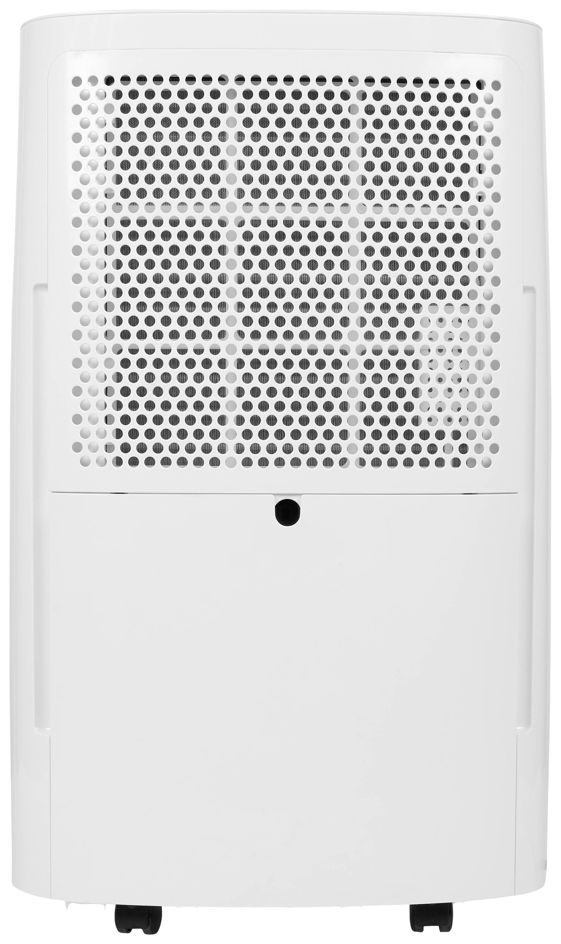 Pohled zezadu na bílý odvlhčovač vzduchu s větracím mřížkovým vzorem a černými kolečky pro snadnou manipulaci.