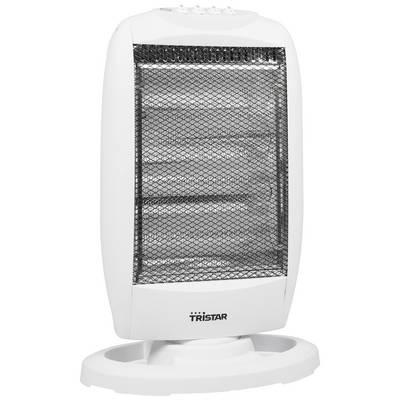 Bílý elektrický teplovzdušný ventilátor s černou mřížkou umístěný na kulatém podstavci. Níže je uveden název značky 'TRISTAR'.