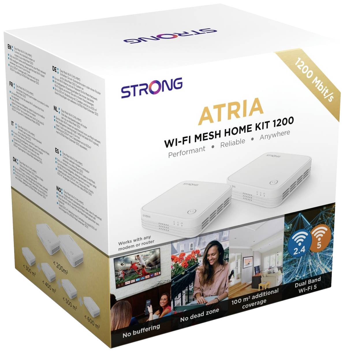 'STRONG Atria Wi-Fi Mesh Kit 1200'. Dva přístroje pro bezproblémové, výkonné a spolehlivé pokrytí Wi-Fi sítí. Duální pásmo Wi-Fi 5.