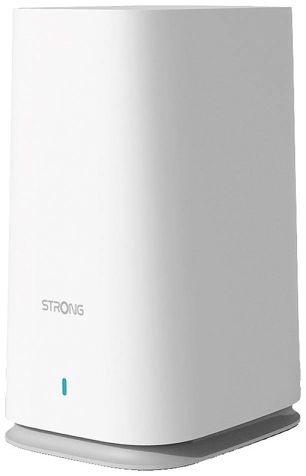 Bílý router s nápisem 'STRONG' a modrým svítícím bodem na přední straně.