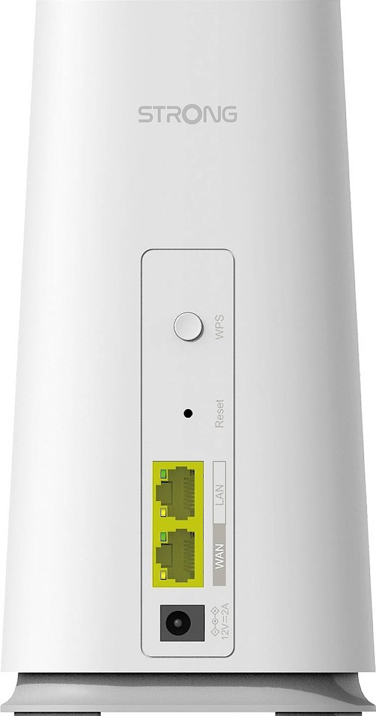 Bílý router s nápisem 'STRONG' zobrazuje dva žluté ethernetové porty, resetovací tlačítko a tlačítko WPS.